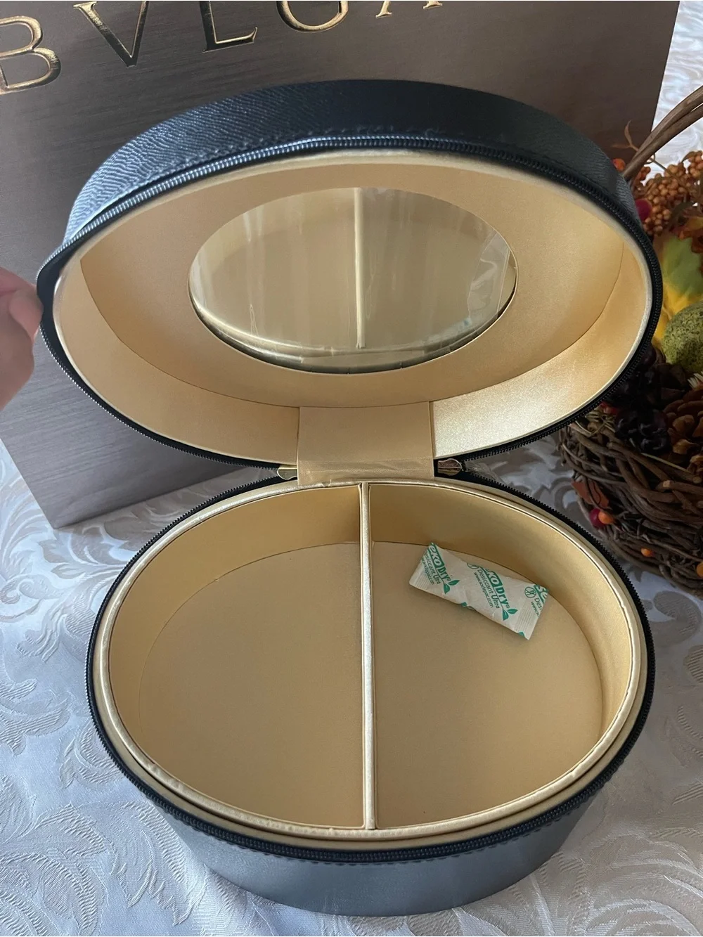 Bulgari Black Leather Round Vanity Case with Gold Hardware